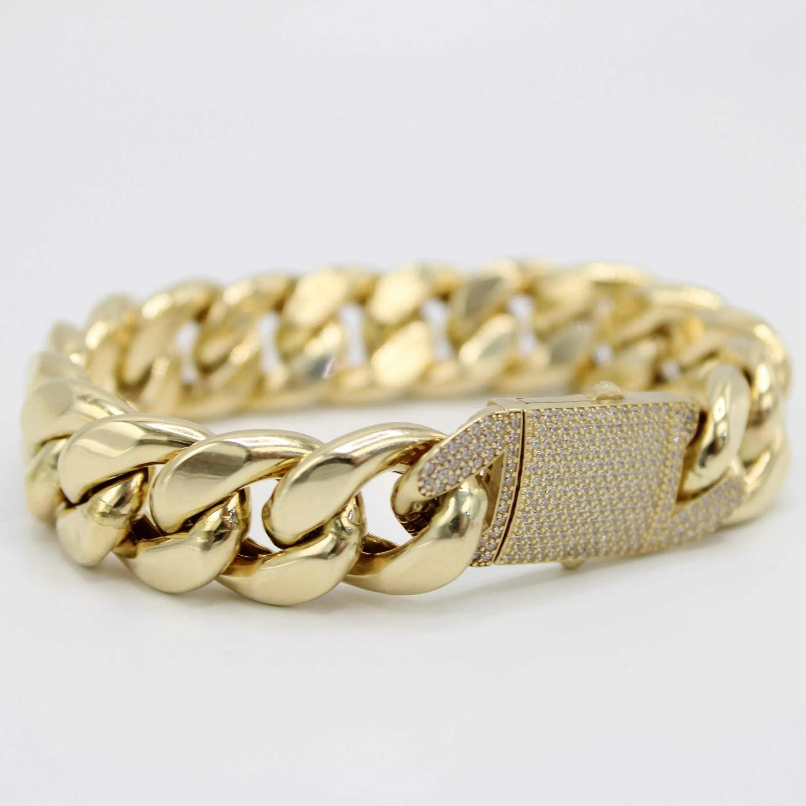 14K Semi-Solid Cuban Bracelet Cz Lock  \\ 16 mm \\