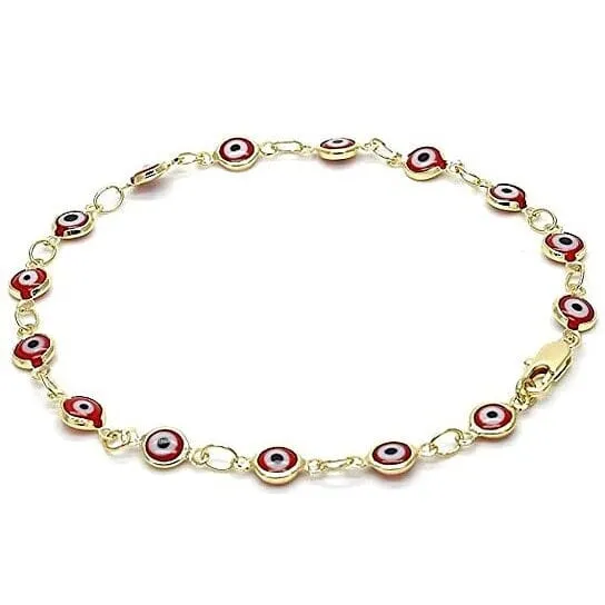 18k Women's Gold Filled High Polish Finsh Red Evil Eye Clasp Bracelet 7.5 Inch