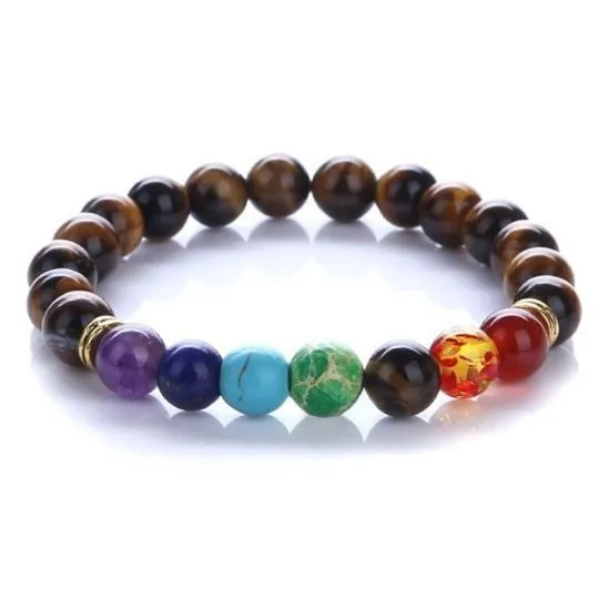 Ancient Infusions Tiger’s Eye 7 Chakra Elastic Bracelet – Strength, Balance, and Energy Alignment