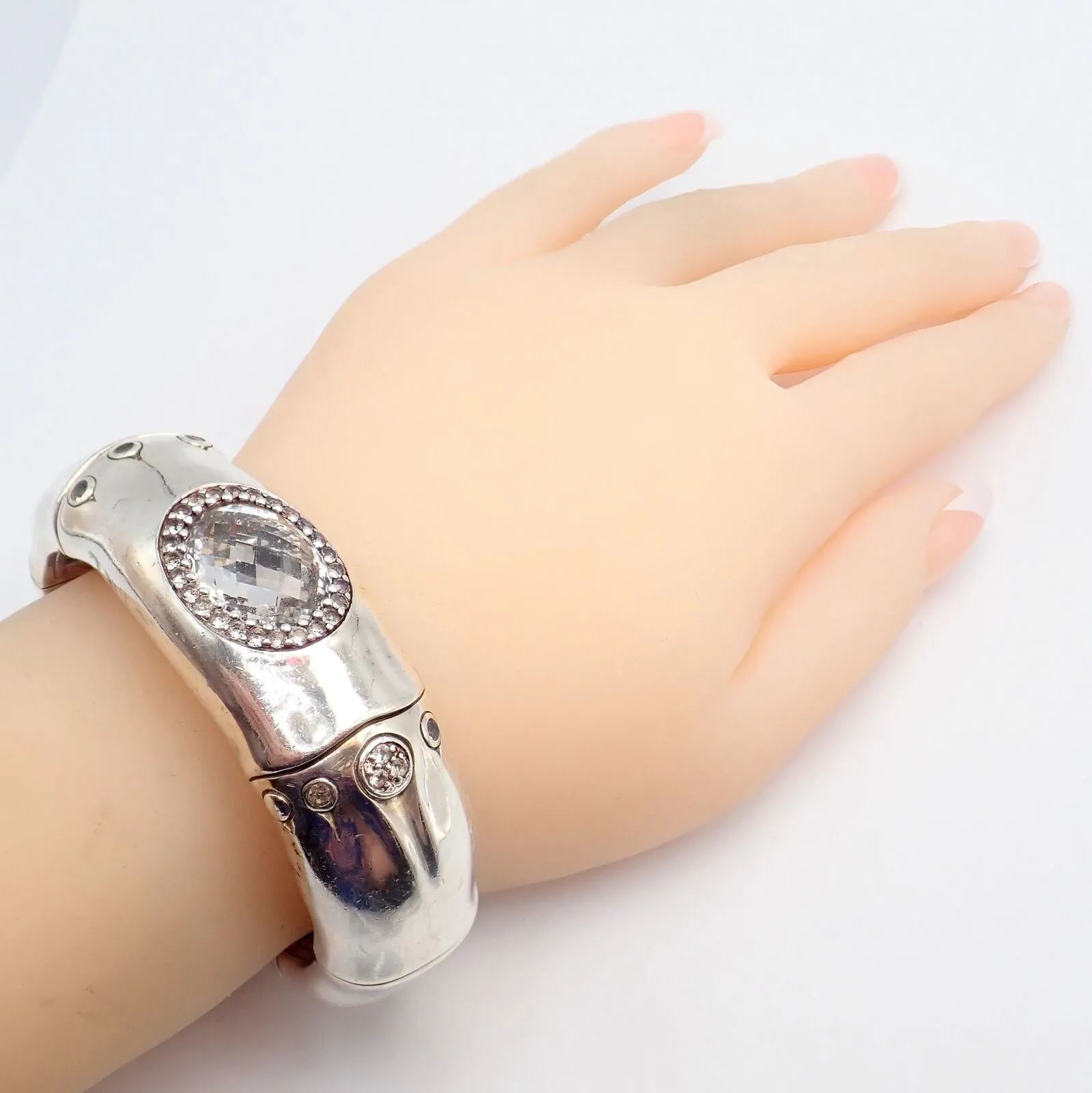 Authentic! John Hardy Silver White Topaz 30 Bamboo Large Cuff Bracelet