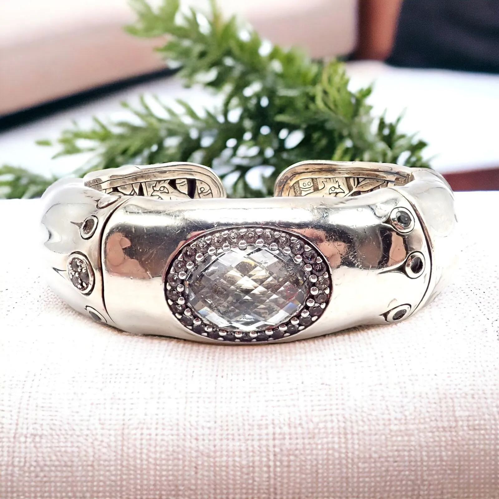 Authentic! John Hardy Silver White Topaz 30 Bamboo Large Cuff Bracelet