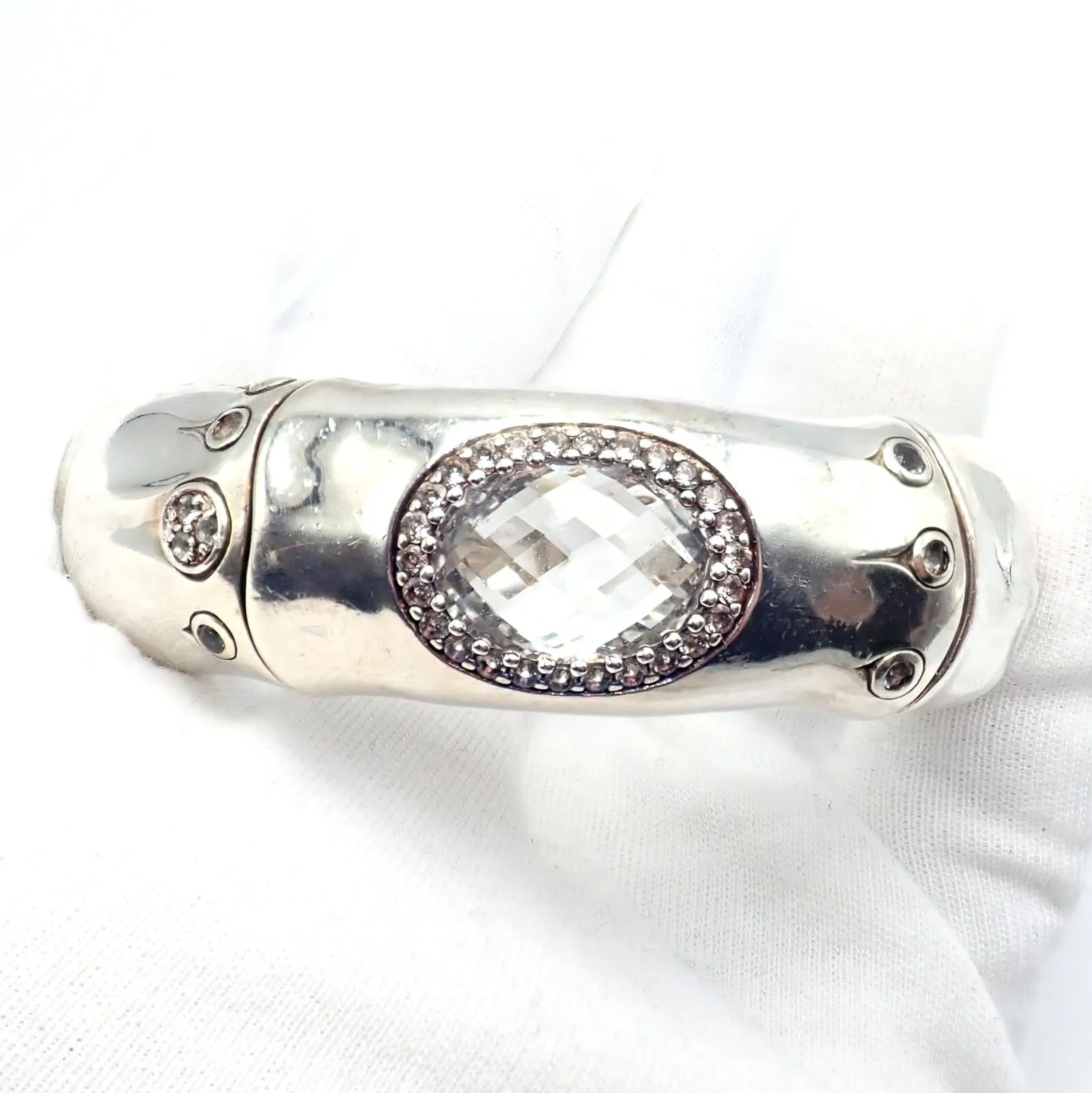 Authentic! John Hardy Silver White Topaz 30 Bamboo Large Cuff Bracelet
