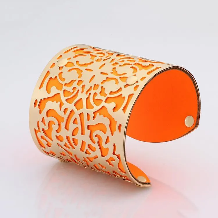 Cuff Bracelets Gold plated Color plated Punk Style PU Leather BanglesFor Women Vintage Hollow Out Design