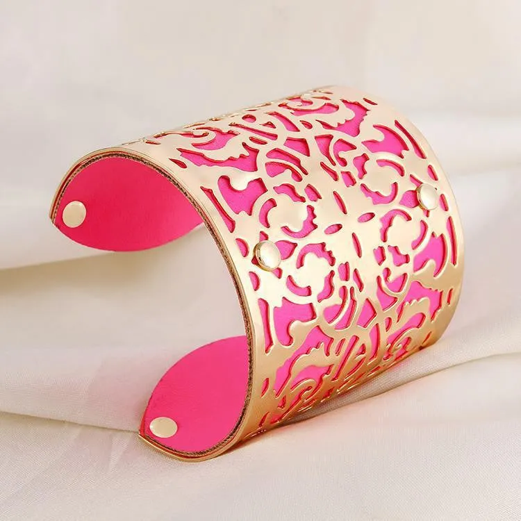 Cuff Bracelets Gold plated Color plated Punk Style PU Leather BanglesFor Women Vintage Hollow Out Design