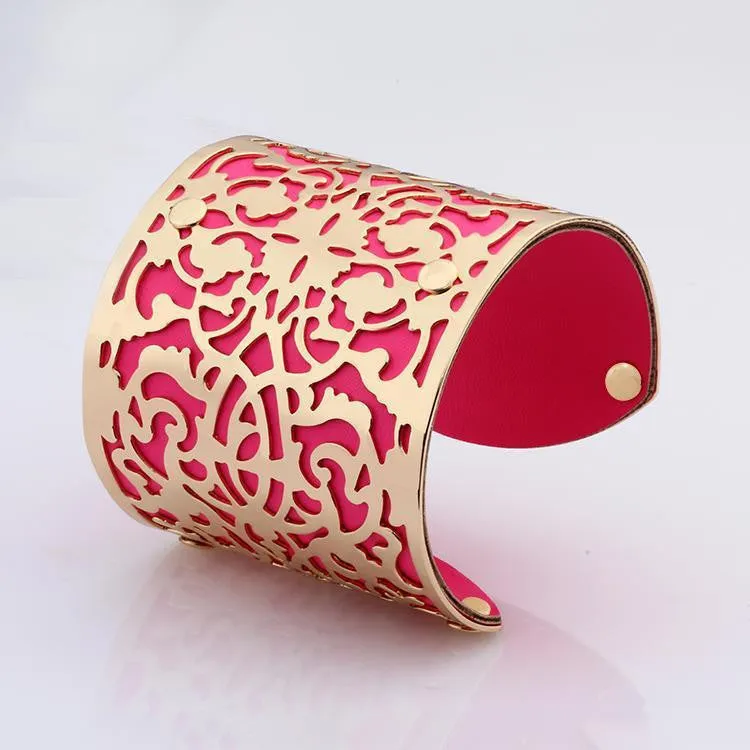 Cuff Bracelets Gold plated Color plated Punk Style PU Leather BanglesFor Women Vintage Hollow Out Design