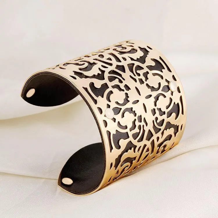 Cuff Bracelets Gold plated Color plated Punk Style PU Leather BanglesFor Women Vintage Hollow Out Design