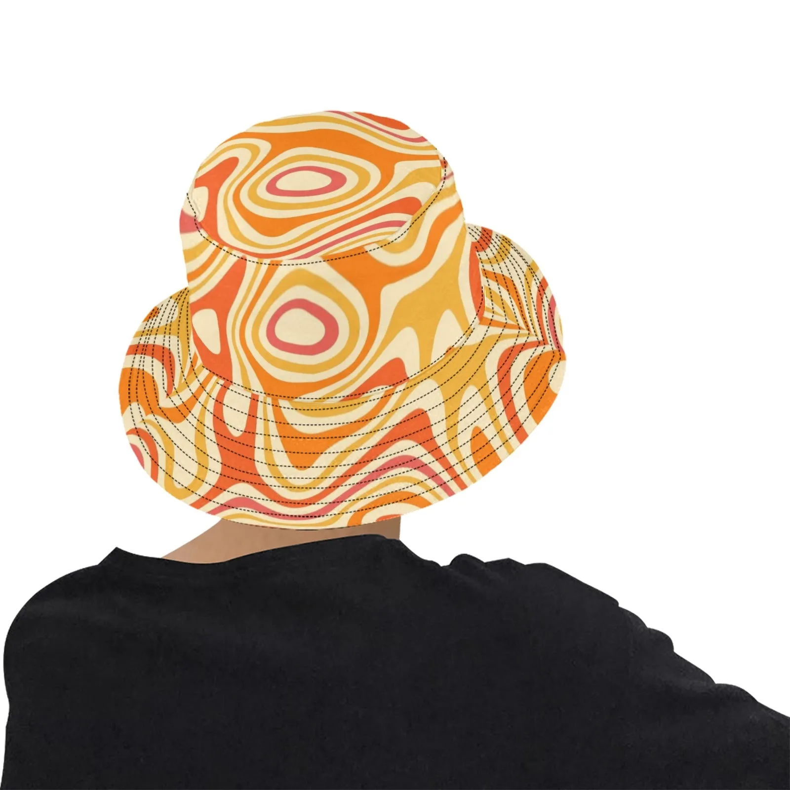 Funky Bucket Hat, Groovy Orange Psychedelic Retro Vintage Disco Summer Festival Cute Women Men Designer Beach Sun Shade Y2K Cotton Twill
