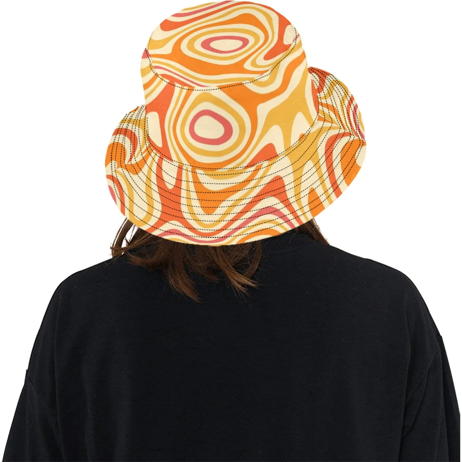 Funky Bucket Hat, Groovy Orange Psychedelic Retro Vintage Disco Summer Festival Cute Women Men Designer Beach Sun Shade Y2K Cotton Twill