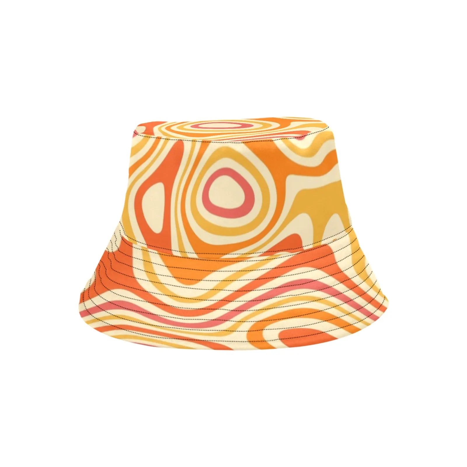 Funky Bucket Hat, Groovy Orange Psychedelic Retro Vintage Disco Summer Festival Cute Women Men Designer Beach Sun Shade Y2K Cotton Twill