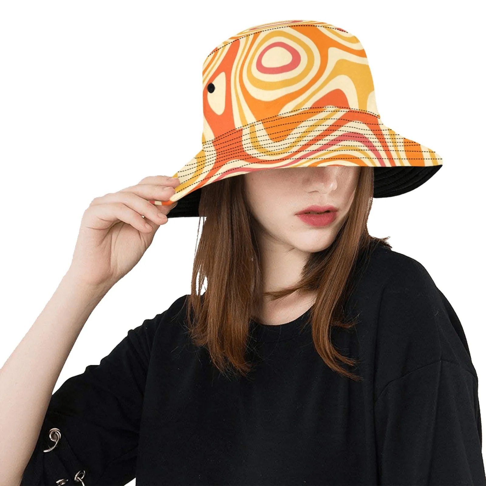 Funky Bucket Hat, Groovy Orange Psychedelic Retro Vintage Disco Summer Festival Cute Women Men Designer Beach Sun Shade Y2K Cotton Twill