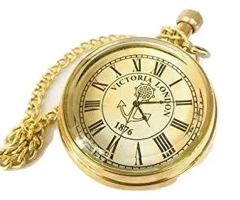 MHE Meenakshi Handicrafts Emporium-Brass Vintage Victoria London (1876) Roman Pocket Watch for Men and Women