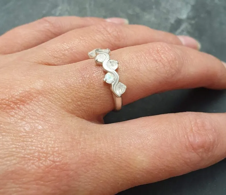 Rainbow Moonstone Ring - Half Eternity Band - White Vintage Ring