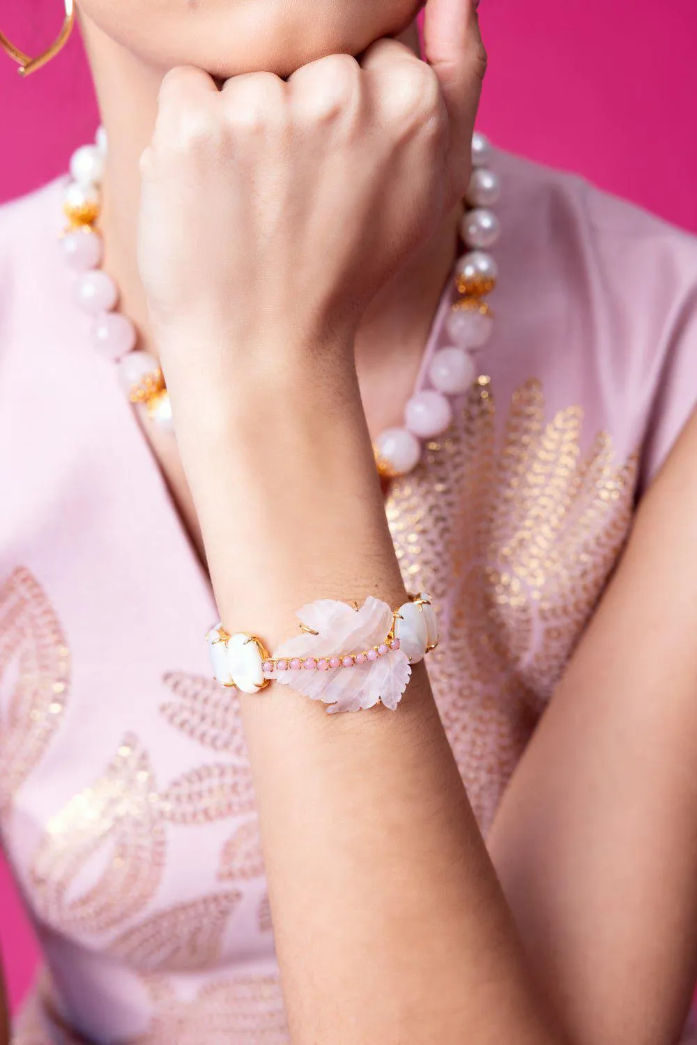 Rose Quartz Carved Leaf Cuff Bracelet