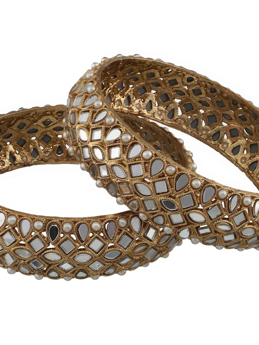 Set Of 2 Gold-Plated Kundan & Pearl Studded Bangles