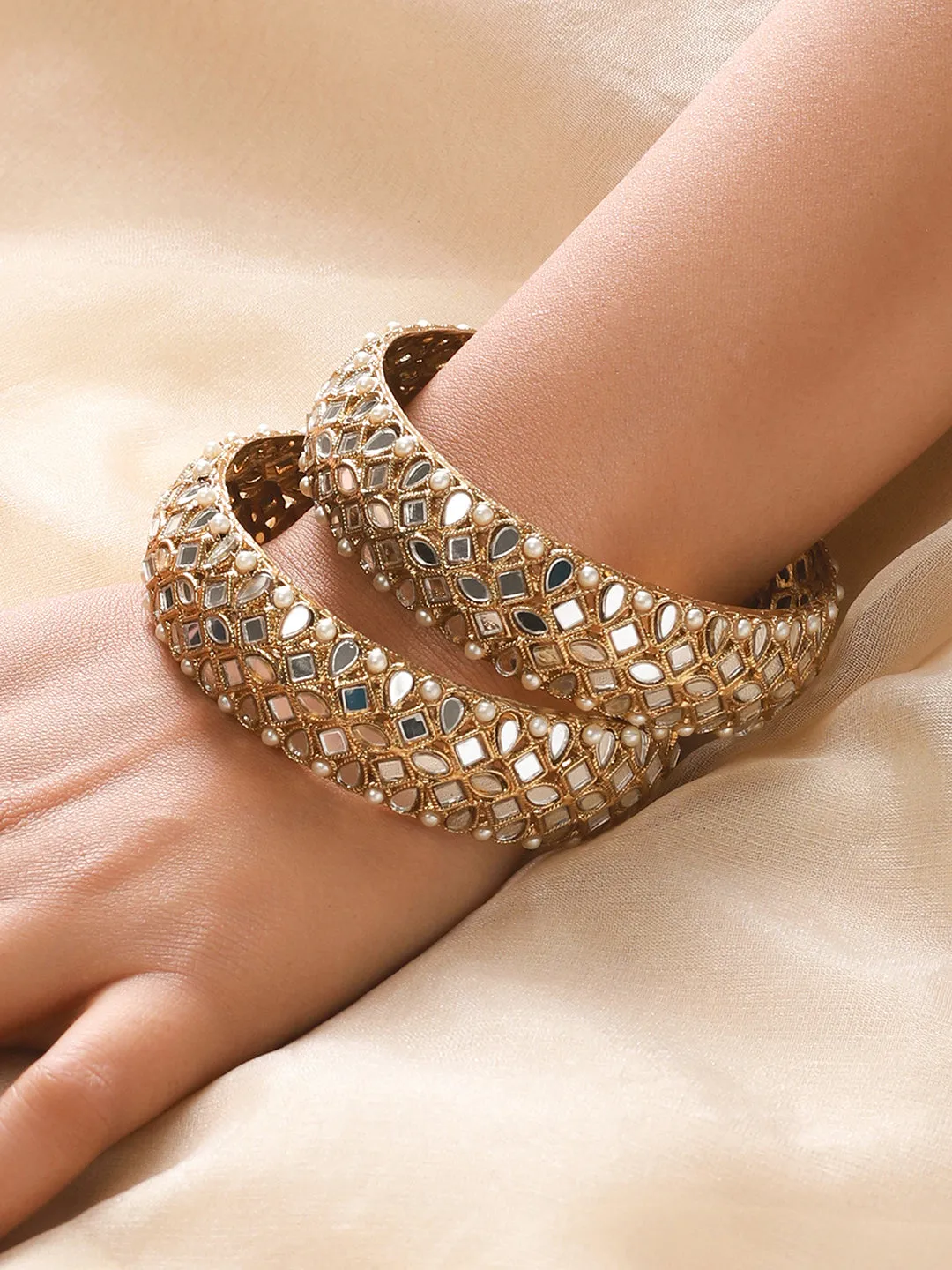 Set Of 2 Gold-Plated Kundan & Pearl Studded Bangles