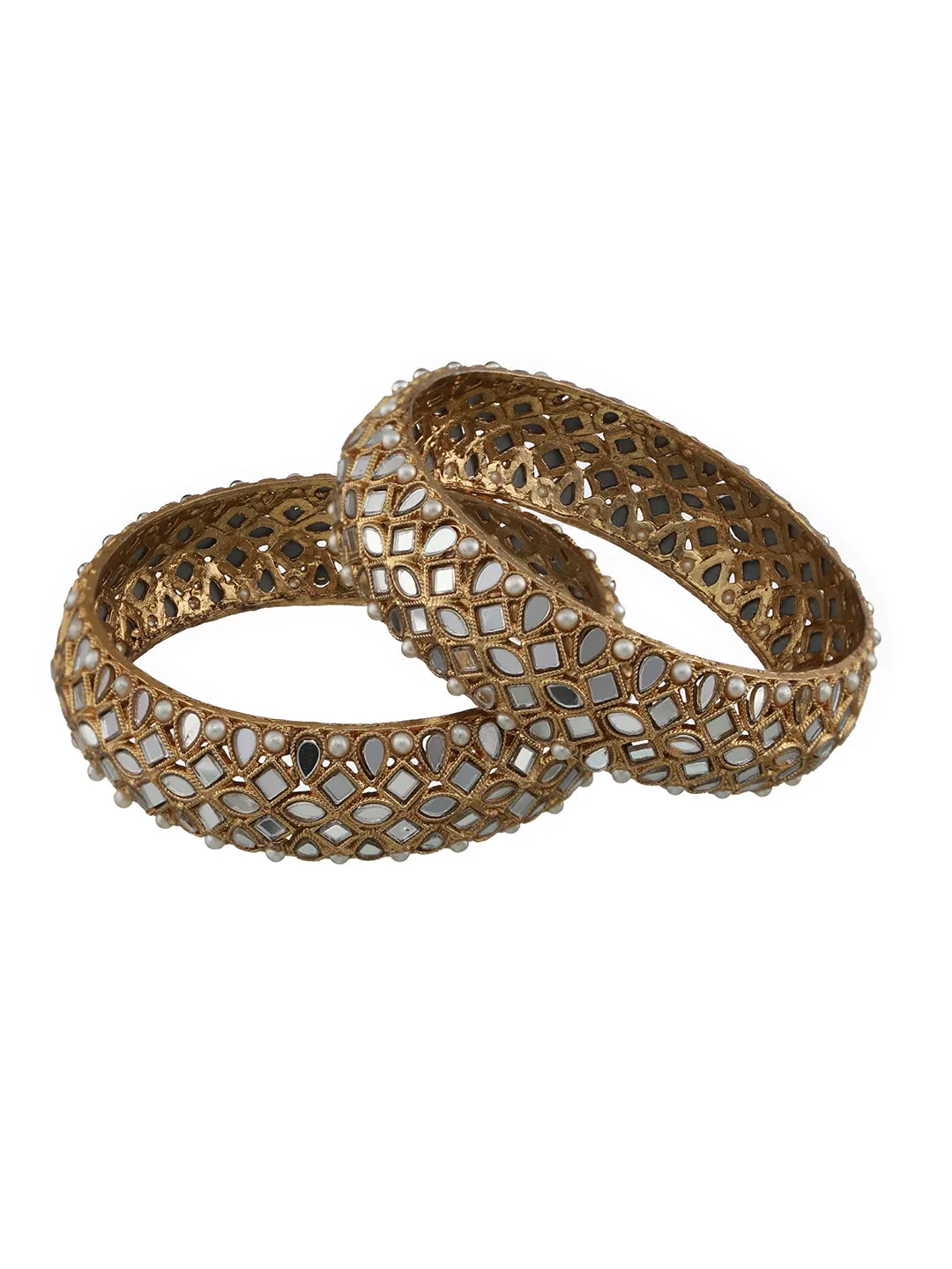 Set Of 2 Gold-Plated Kundan & Pearl Studded Bangles
