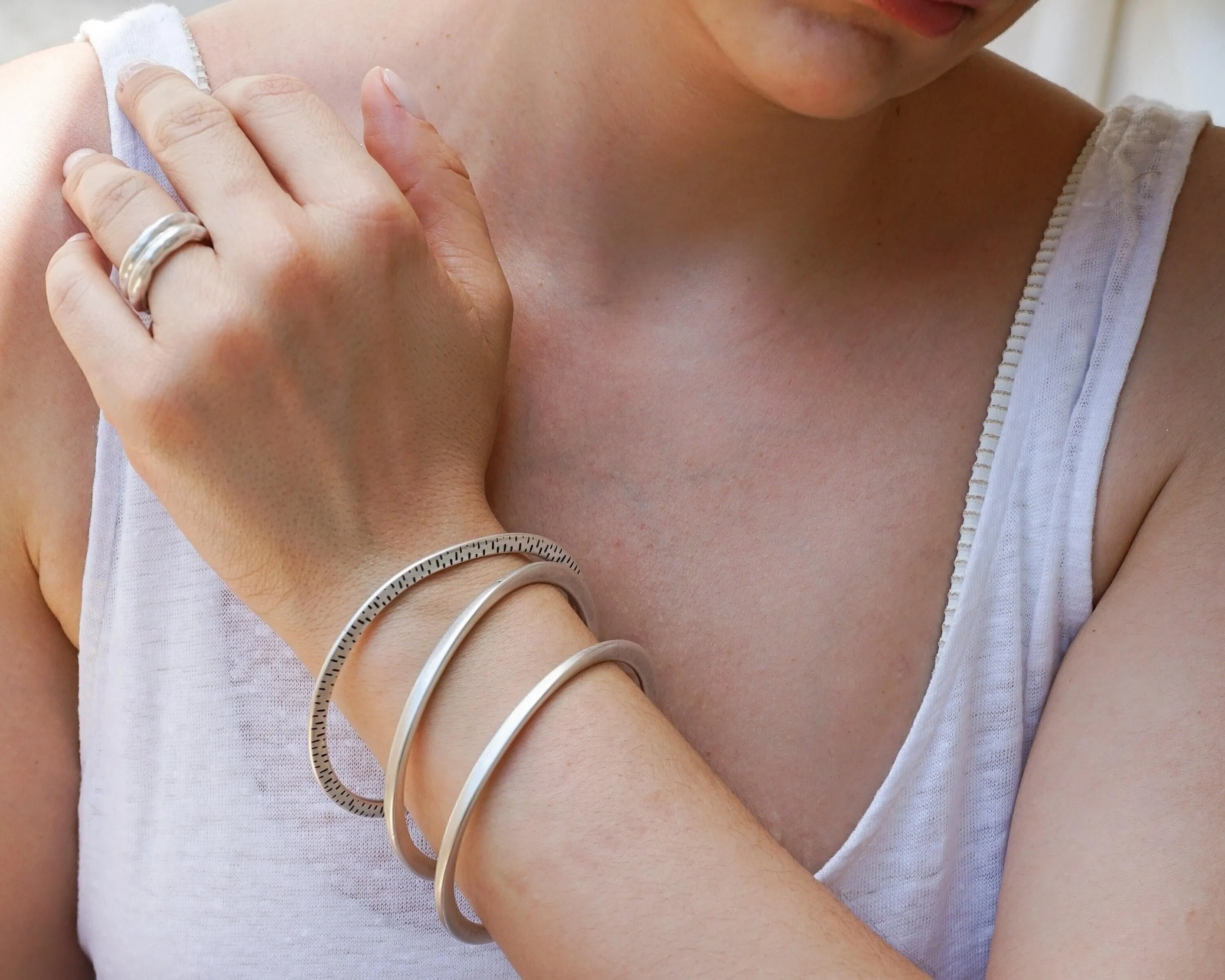 Silver Thick Flat Oval Bangle Bracelet